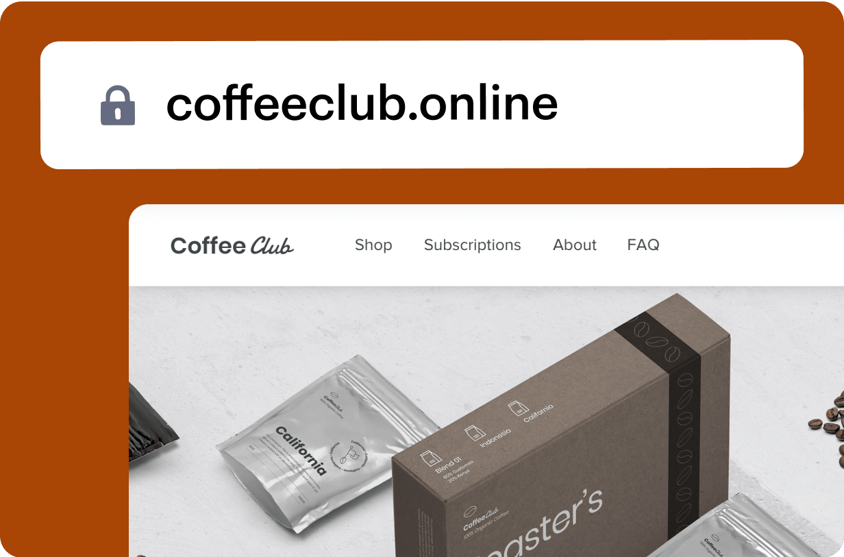 coffeeclub.online domain name is highlighted above a Coffee Club website preview featuring coffee packaging